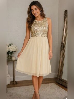 TFNC Gold Sequin & Cream Chiffon knee Dress –Small – Elegant Formal Evening Gown